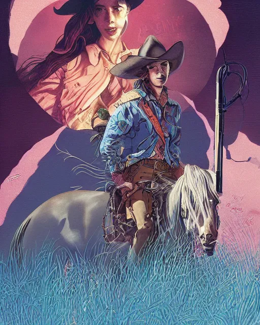 Image similar to a cowgirl, midshot single subject, art poster, ambient lighting, detailed, by ayami kojima, makoto shinkai, kilian eng