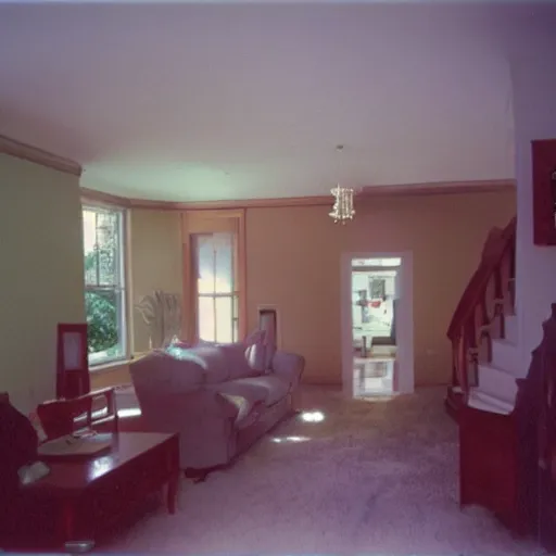 Image similar to a strange high flash photo of an empty suburban home, 2 0 0 6, taken with a disposable camera