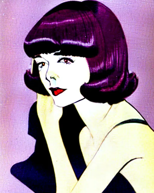 Prompt: colleen moore 2 5 years old, bob haircut, portrait by patrick nagel