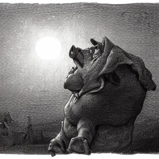 Prompt: closeup portrait of an evil pig in a tuxedo, dramatic lighting, farm background, moon, chiaroscuro, high detail, illustration by gustave dore