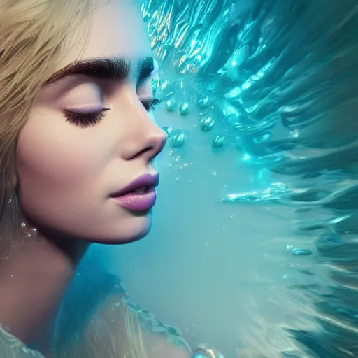 Image similar to a beautiful blonde queen girl lily collins, floating under the deep dream water, beautiful smooth soft light + white petal, oil paint, octane render, unreal engine 5, closeup, 4 k, highly detailed, instagram,