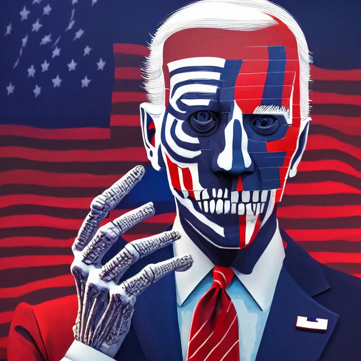 Image similar to PATRIOTIC portrait of joe biden as skeleton. burning distortions. intricate abstract. intricate artwork. by Tooth Wu, wlop, beeple, dan mumford. octane render, trending on artstation, greg rutkowski very coherent symmetrical artwork. cinematic, hyper realism, high detail, octane render, 8k, iridescent accents