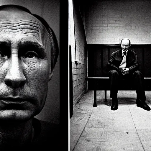 Prompt: a very sad and old wrinkled vladimir putin ( ( in prison clothes sitting on prison bench in prison ) ). detailed professional 3 5 mm black and white photo by don mccullin and anders petersen world press photo award