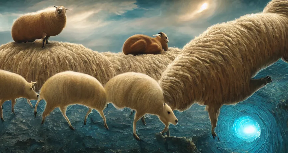 Prompt: The great migration of sheep on a huge shit collapsed in the form of an O'Neill cylinder in orbit of a capybara, rectilinear, barometric projection, dutch angle from space view, concept art, high detail, intimidating, deep rich colors, iridescent radiance, epic scale ultrawide angle, stunning, epic, cinematic, Artstation trending, octane render, hyperrealistic, Cryengine 8k UHD