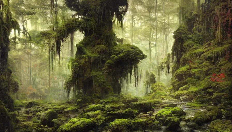 Prompt: ancient forest, mossy rocks, waterfall, intricate, vivid colors, brush strokes, elegant, highly detailed, richard schmid, john park, ruan jia, jeffrey catherine jones