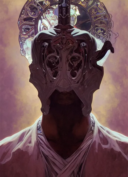 Prompt: portrait of ghost, mask, hd artstation, by alex ross, alphonse mucha, moebius, amano, greg hildebrandt, and mark brooks, masculine, male, art nouveau, neo - gothic, gothic, character concept design, dynamic light, stylised illustration, disco elysium