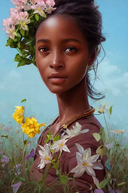 Image similar to ultra realistic illustration, swahili girl with flowers blossoming from helmet, elegant, highly detailed, digital painting, concept art, smooth, sharp focus, illustration, art by artgerm and greg rutkowski and alphonse mucha