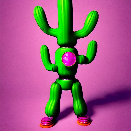 Prompt: a 1950s retro 3D Cactus robot, with space above the head. Bionic cacti Arms and eyes. subject in shot pop surrealism muted colours. pink background. by Jean-Baptiste Monge, wide shot, depth of field