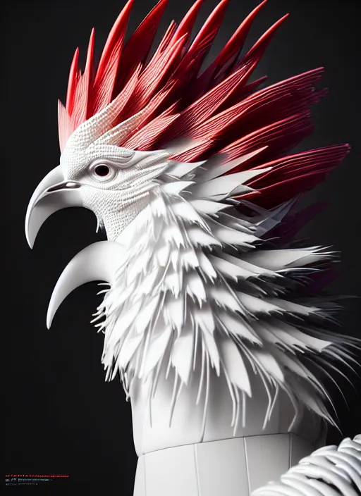 Image similar to hyper detailed ultra sharp portrait of a beautiful fashionable porcelain ivory cyberpunk scifi rooster, well contoured smooth colorful feathers, up close shot, sharp focus, global illumination, radiant light, black haute couture, alexandre ferra, irakli nadar, octane render, 4 k, ultra hd,