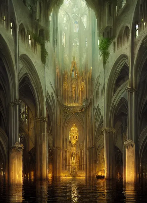 Image similar to Detailed Interior of a flooded cathedral, light of god, light shafts, candles, stunning atmosphere, in Style of Peter Mohrbacher, cinematic lighting