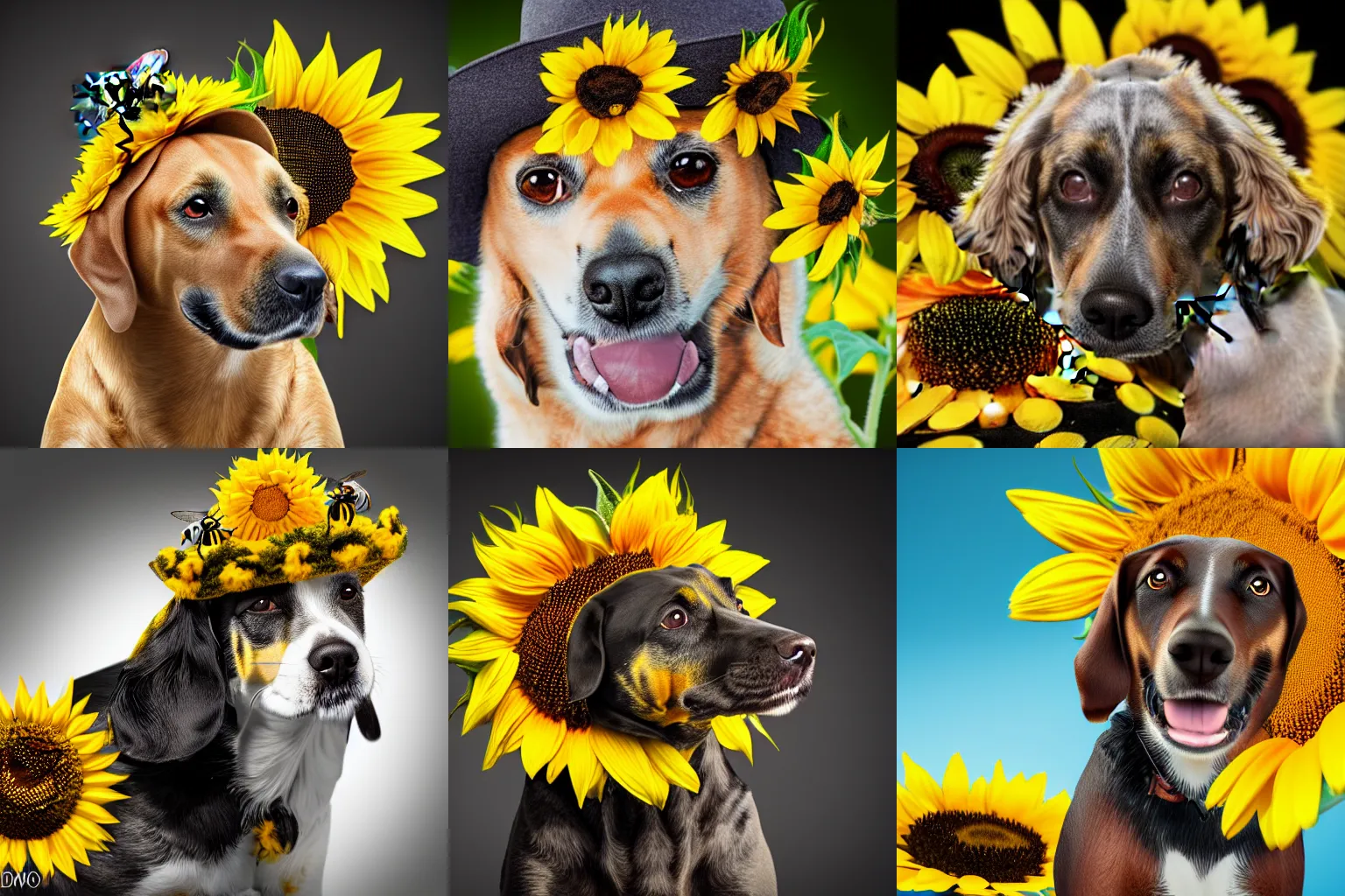 Prompt: dog with a bumblebee coat wearing a sunflower covered in bumblebees as a hat, photo realistic, studio lighting, realistic shadows, 4 k