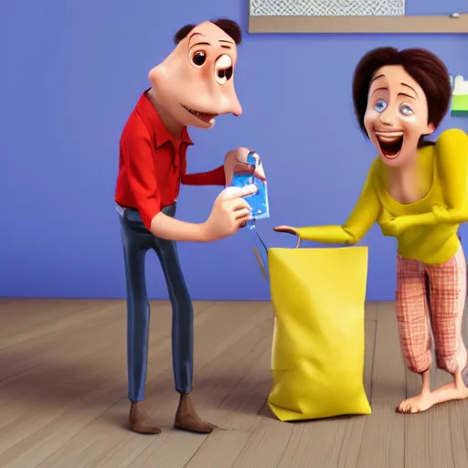 Image similar to illustration of two happy people exchanging items, pixar - style, 3 d render