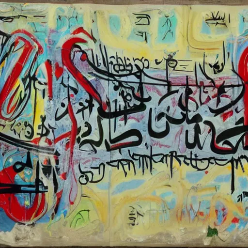 Image similar to arabic calligraphy with elements of transylvanian folk art, in the style of graffiti, made by jean michel basquiat