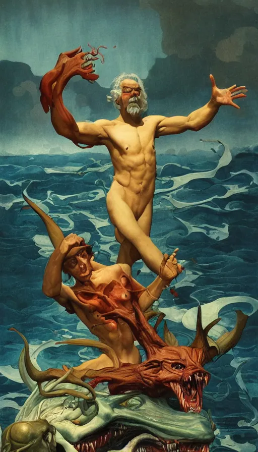 Image similar to man on boat crossing a body of water in hell with creatures in the water, sea of souls, by thomas blackshear