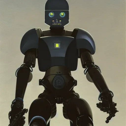 Prompt: enemy assassin robot holding energy weapons, concept art by ralph mcquarrie, 4 k resolution, detailed, high quality, hq artwork, coherent, insane detail, character concept, character full body portrait