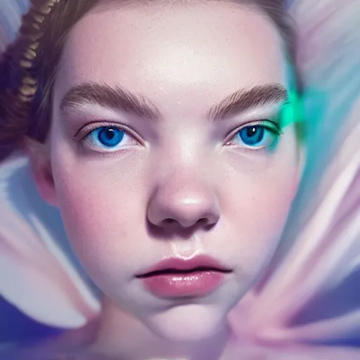 Prompt: portrait of a beautiful girl + anya taylor - joy floating under the deep dream water, beautiful smooth soft light + white petal, by personal photography, art by brookskim, closeup, 4 k, highly detailed, instagram,