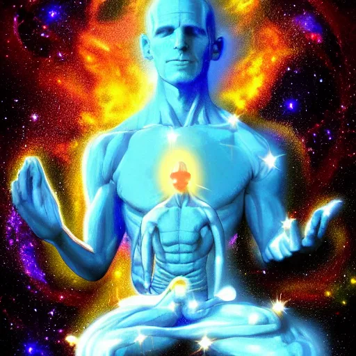 Image similar to Doctor Manhattan meditating in outer space, stars, artstation, digital art, spiritual, award winning, colourful