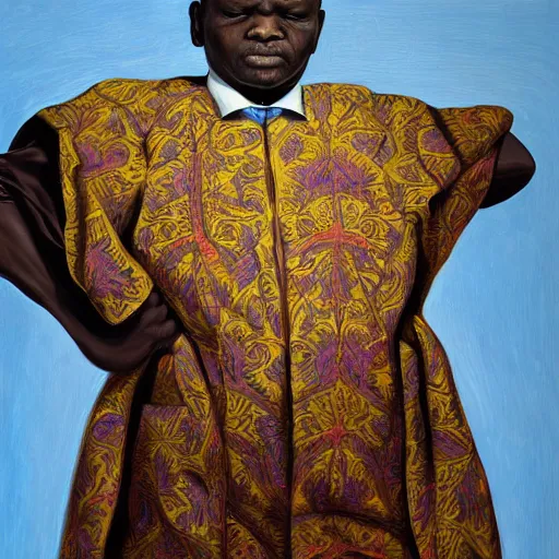 Prompt: a painting of a XXL wise elder from Kenya in a suit by Kehinde Wiley . dramatic angle, ethereal lights, details, smooth, sharp focus, illustration, realistic, cinematic, artstation, award winning, rgb , unreal engine, octane render, cinematic light, macro, depth of field, blur, red light and clouds from the back, highly detailed epic cinematic concept art CG render made in Maya, Blender and Photoshop, octane render, excellent composition, dynamic dramatic cinematic lighting, aesthetic, very inspirational, arthouse.