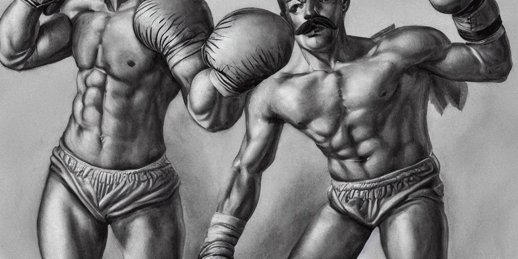 Image similar to a muscular angel with boxing gloves and a mustache, by joshua raphael