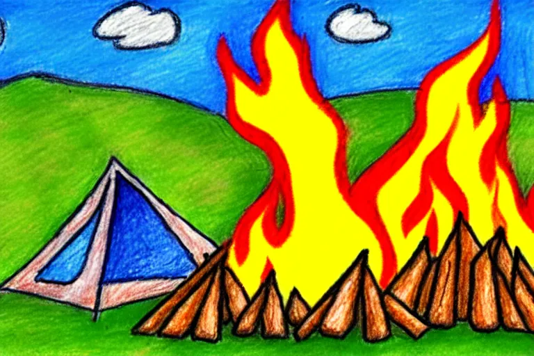 Image similar to child crayon drawing of a campsite with bonfire