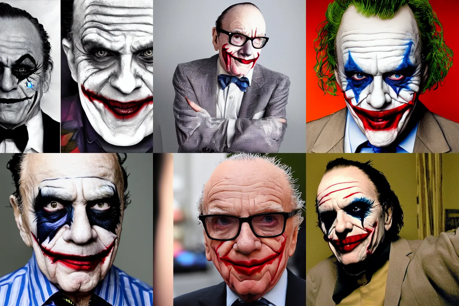 Prompt: Rupert Murdoch as Heath Ledger\'s joker, joker makeup, portrait photography