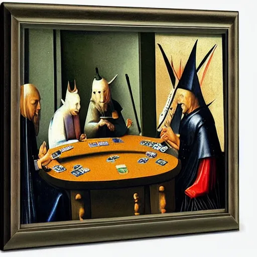 Image similar to priests playing poker, by hieronymous bosch