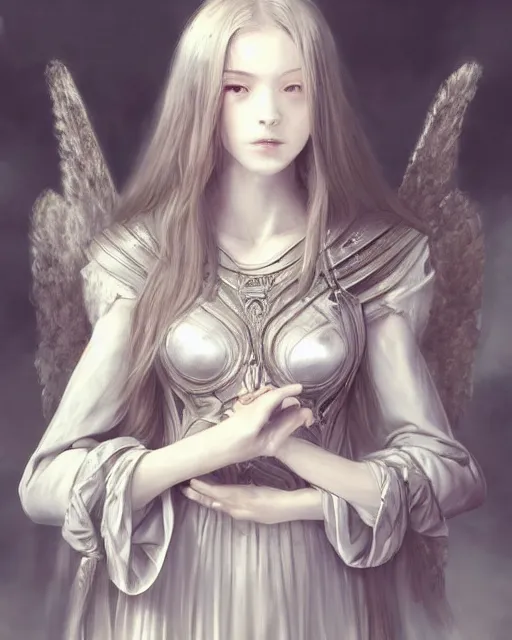 Image similar to an infinitely detailed portrait of a frail and pale female peace angel elegantly. fully - clothed full - body, beautiful! scenery art!! coherent! by wlop & murata range, victorian armor trim, cold color palette, artstation / pixiv!! elegantly armored angel portrait full - body, dreamy art