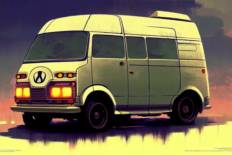 Image similar to dieselpunk honda e kei van, painted by greg rutkowski makoto shinkai takashi takeuchi studio ghibli, akihiko yoshida