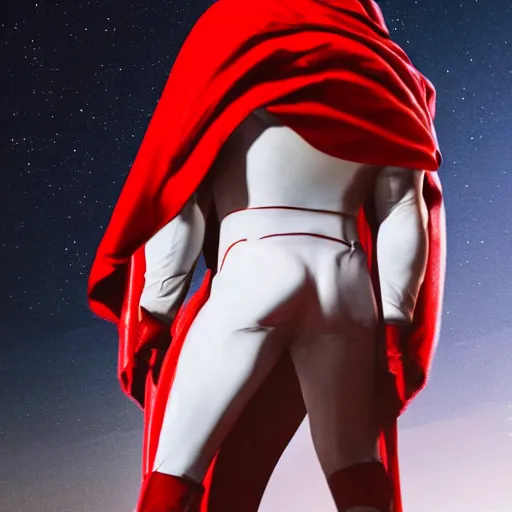 Image similar to tall muscular infantry man in glossy sleek white armor with a few red details and a long red cape, heroic posture, on the surface of mars, night time, dramatic lighting, cinematic, sci-fi, hyperrealistic, movie still