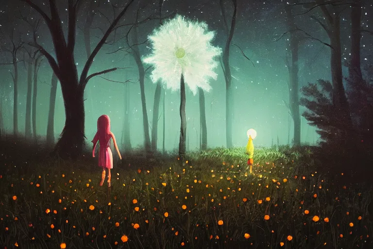 Image similar to giant daisy flower head, girl walking in a moonlit forest, hills, surreal photography, dark night, star trails, dramatic light, impressionist painting, clouds, digital painting, artstation, simon stalenhag