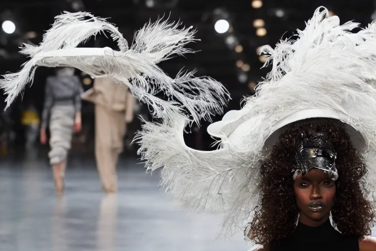 Image similar to a woman walking down a runway with a large cloudy hat on her head, a surrealist sculpture by alexander mcqueen, trending on behance, afrofuturism, made of feathers, whimsical, steampunk