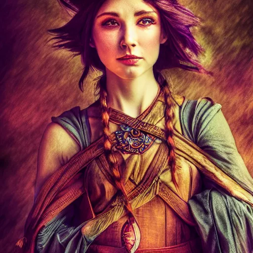 Prompt: portrait of a human mage ,fantasy, D&D, HDR, natural light, medium close shot, dynamic pose, award winning photograph, Mucha style