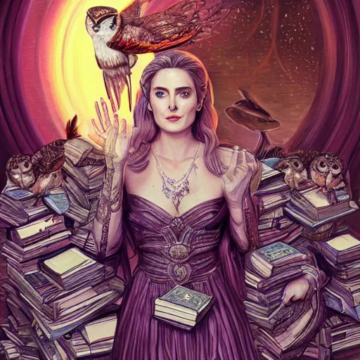 Image similar to a portrait of alexandra breckenridge as the goddess minerva surrounded by stacks of books, and owls, bioluminescent gown with deep level of detail of esoteric symbols, urban motifs, intricate, elegant, highly detailed, digital painting, trending on artstation, concept art, smooth sharp focus, illustration, art by artgerm and greg rutkowski