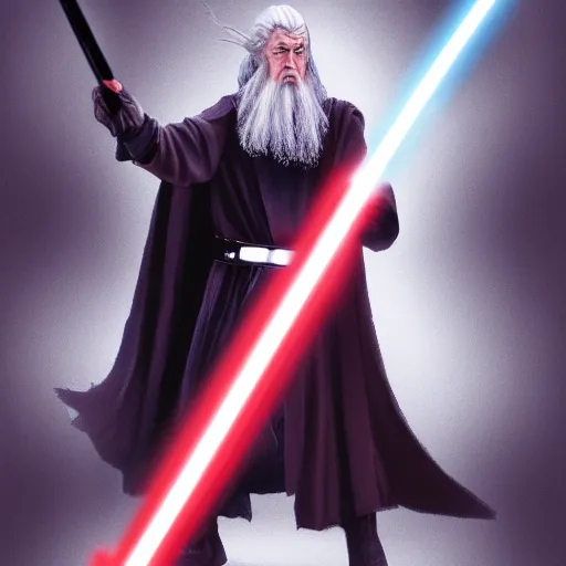 Prompt: gandalf holding a lightsaber while fighting darth vader, dramatic lighting, 4 k, digital art,