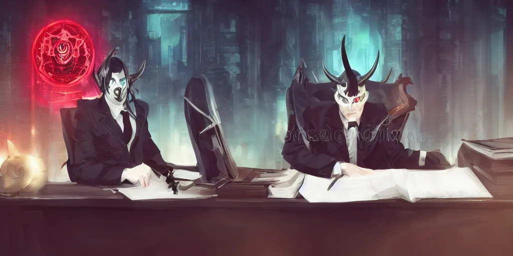 Image similar to dark lord sitting at desk large horns and suit, medium shot, portrait, semi realistic anime, red demon cyberpunk symbols