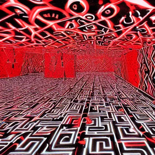 Prompt: a dark mind in a nightmare is aware of betrayal sadness and despondency of a schizophrenic in a red hyper mirror maze room