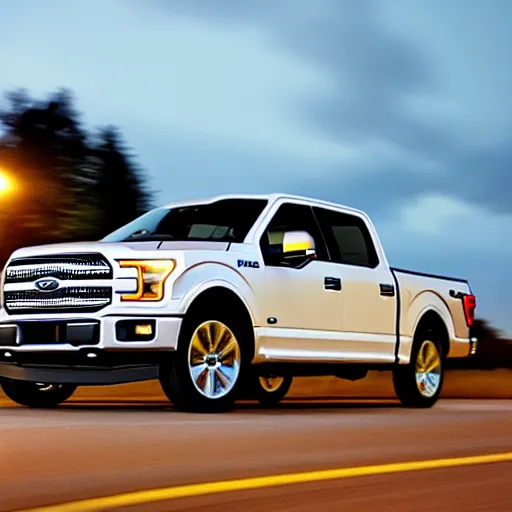 Image similar to ford f - 1 5 0 driving behind a car on the highway with the highbeams on, nighttime, photo, detailed