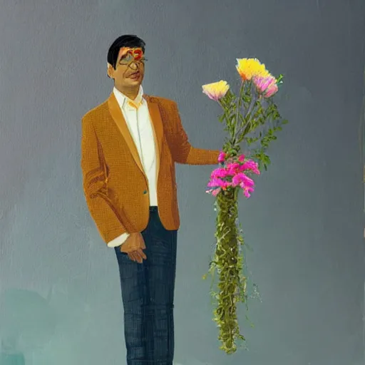 Prompt: indian guy standing and holding flowers, looking nostalgic, in love, dapper,full portrait, artwork by Cheng, Hsiao-Ron and Wes Anderson