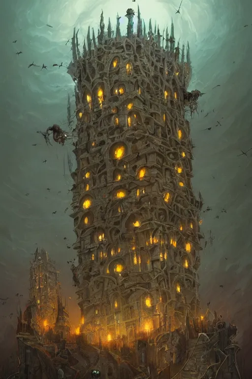 Prompt: Detailed Exterior Shot of skeleton head Tower of Alexandria, light of sorrow, moonlight shafts, swarm of bats, dim atmosphere, in Style of Peter Mohrbacher, cinematic lighting