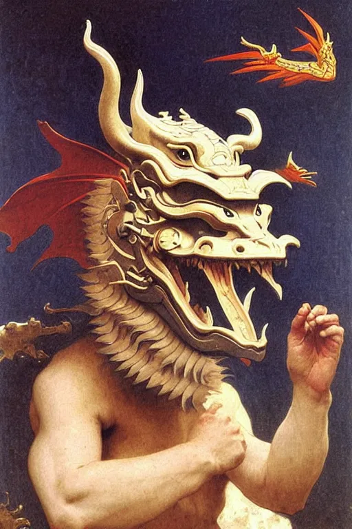 Prompt: a astronaut his face is chinese dragon head, in armor and chinese dragon helmet, by bouguereau