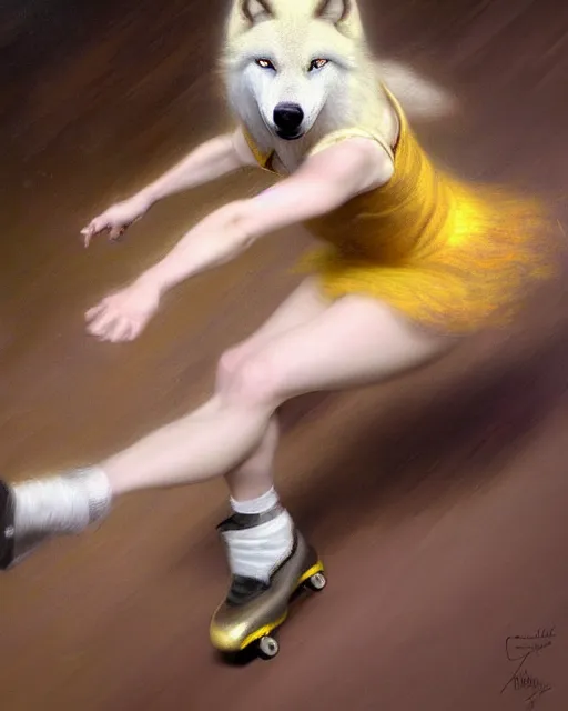 Image similar to a buff white female anthro wolf skating at a roller derby, 4 k, furaffinity, fursona, trending on artstation, energetic, speed, motion blur, by gaston bussiere, craig mullins, j. c. leyendecker, gustav klimt, artgerm, greg rutkowski, alphonse mucha