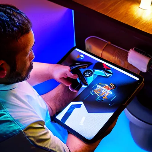 Image similar to a man playing on his iPad on the gaming toilet with rgb lights