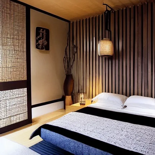 Image similar to bedroom, stone, interior design, stylish luxury hotel bedroom design, yakisugi, black vertical slatted timber, textures, feminine, black walls, art, Japanese pottery vase with flowers, Japanese influences