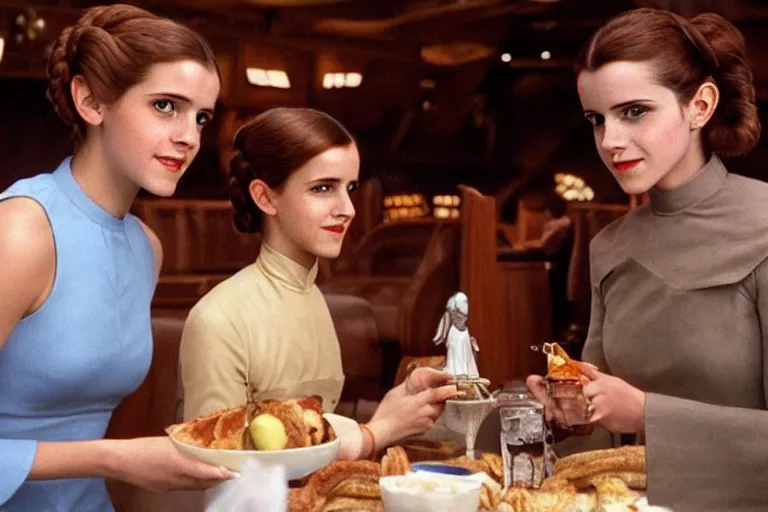 Prompt: princess leia having lunch with emma watson at quark's bar on deep space nine