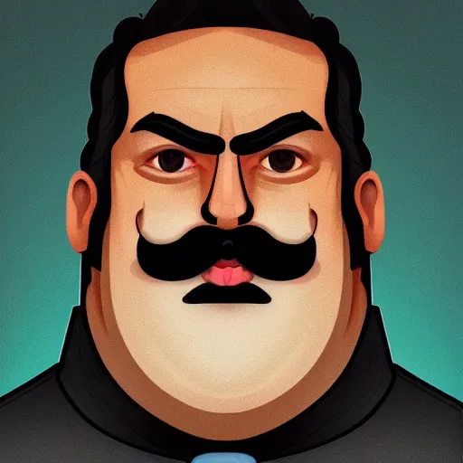 Image similar to face portrait a big beefy man with a large face, thick dark hair, a bushy black moustache, shaved beard, with hardly any neck and mean little eyes, highly detailed, sharp focus, trending on art station, colourful drawing