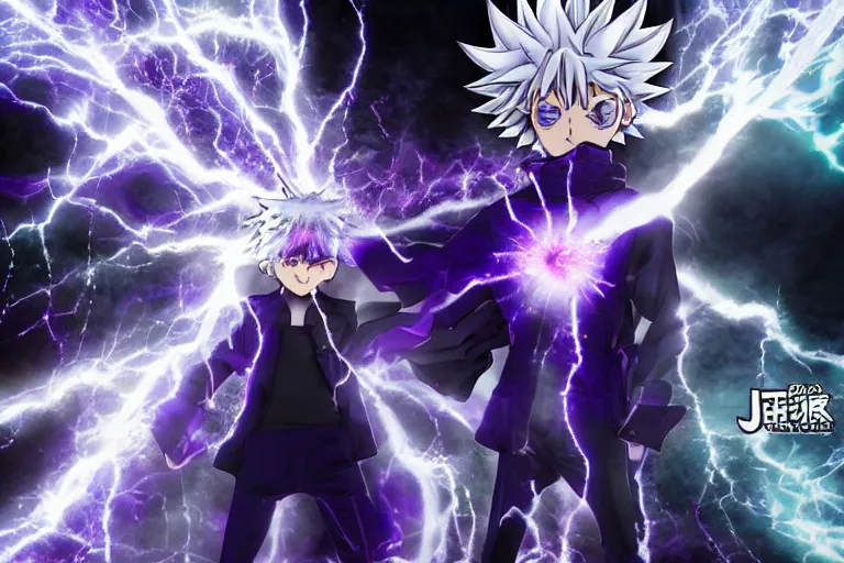 Image similar to killua lightning speed photography by david yarrow anime concept art jojo's bizarre adventure hirohito araki hyperrealistic live action raytracing blue and purple color cgi render