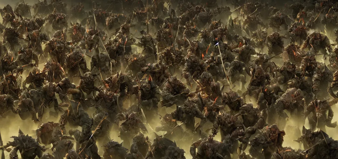 Prompt: army of orcs and goblins, high detail, hd 8 k cinematic, photorealistic, dramatic lighting