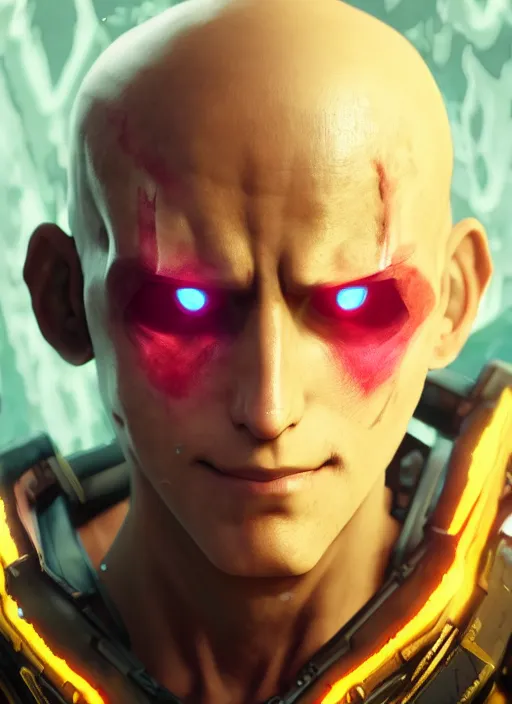 Image similar to glowwave portrait of saitama from borderlands 3, au naturel, hyper detailed, digital art, trending in artstation, cinematic lighting, studio quality, smooth render, unreal engine 5 rendered, octane rendered, art style by klimt and nixeu and ian sprigger and wlop and krenz cushart.