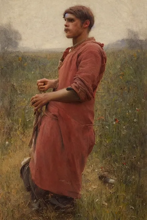 Prompt: Solomon Joseph Solomon and Richard Schmid and Jeremy Lipking victorian genre painting full length portrait painting of a young peasant working in the field, red background