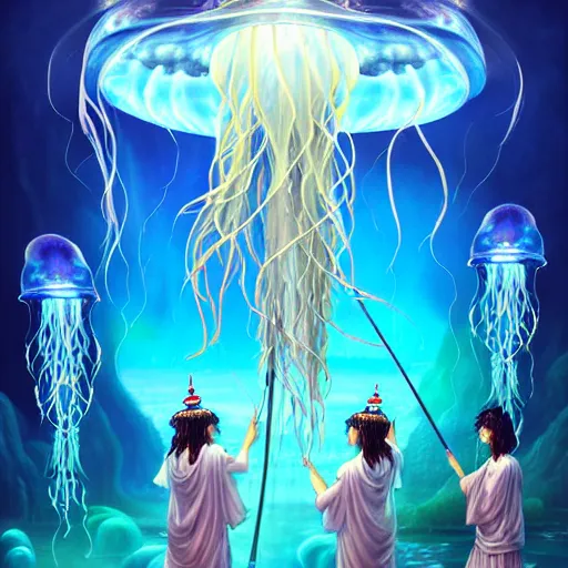 Image similar to A painting of priestesses worshipping at the jellyfish temple, shrouded in mist, jellyfish god, jellyfish priestess, jellyfish shrine maiden, 8K, illustration, art by Artgerm and Justin Cheung and Gabriele Dell'Otto, smoke, undersea temple with fish, cinematic, insanely detailed and intricate, hypermaximalist, elegant, super detailed, award-winning, mauve and cinnabar and cyan, rainbow accents, mysterious, ancient, ritual, trending in cgsociety, artstation HQ, ornate, elite, haunting, matte painting, beautiful detailed, insanely intricate details, dreamy and ethereal, otherworldly